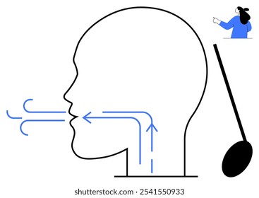 Diagram of a human head showcasing the breathing process with arrows indicating airflow. A doctor is visible in the top-right corner. Ideal for respiratory system, medical education, anatomy, health
