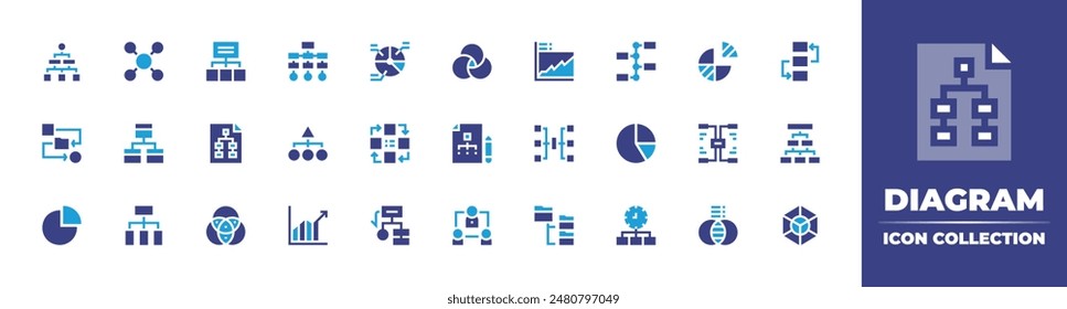 Diagram icon collection. Duotone color. Vector illustration. Containing venndiagram, diagram, piechart, project, workflow, hierarchicalstructure, planning.