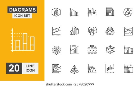 Diagram icon set. Chart, pie chart, analyst, finance, growth and more line icon.