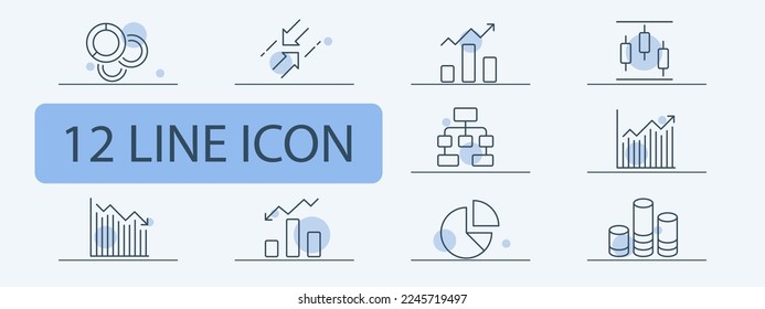 Diagram icon set. Graph, diagram, statistics, function, table, pie chart, infographic. Finance concept. Pastel color background. Vector 12 line icon for business