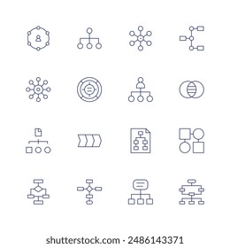 Conjunto de iconos de diagrama. Icono de línea fina. Trazo editable. Que contiene datos, diagrama, diagrama de donut, estructura jerárquica, jerarquía, red, planificación.