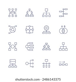 Diagram icon set. Thin line icon. Editable stroke. Containing diagram, flowchart, hierarchicalstructure, hierarchy, organization, playoff, scheme, timeline.