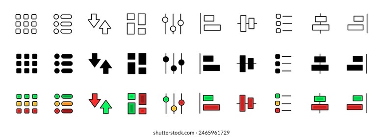 Diagram icons collection. Graph icons. Linear, silhouette and flat style. Vector icons