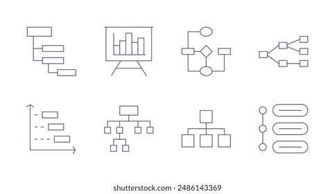 Diagram icons. Editable stroke. Containing barchart, dependency, diagram, flowchart, flowdiagram, hierarchicalstructure, hierarchy, infographic.