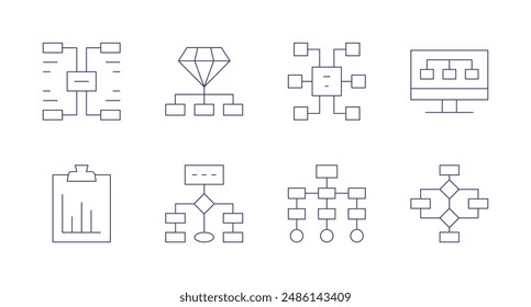 Iconos de diagrama. Trazo editable. Contiene gráfico, diagrama, diagrama de flujo, estructura jerárquica, jerarquía, mapa mental, proyecto.