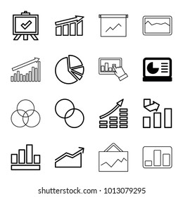 Diagram icons. set of 16 editable outline diagram icons such as chart on display, graph, board, circle intersection, money growth, chart, pie chart