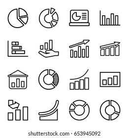 Diagram icons set. set of 16 diagram outline icons such as graph, pie chart, chart on display, graph on hand, chart