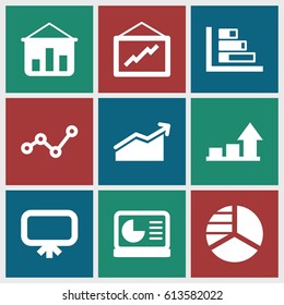 Diagram icons set. set of 9 diagram filled icons such as board, pie chart, graph, chart on display, chart