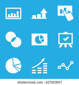 Diagram icons set. set of 9 diagram filled icons such as board, circle intersection, graph, pie chart, hand on graph