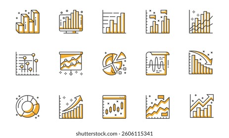Diagram icons set in outline stroke design for web. Pack line pictograms with growth bar chart, pie data, datum, marketing, analyzing finance, flow, infographic, statistic, other. Vector illustration.