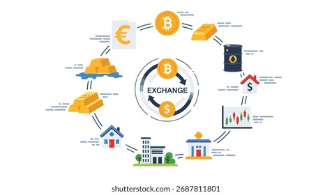 Diagram illustrating the cycle of cryptocurrency exchange and investment, including Bitcoin, gold, oil, and real estate.