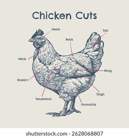 Diagram illustrating various cuts of a chicken with labels.
