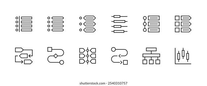 Diagram and infographic icon collection. Statistics icon set. Data visualization, flow, diagram, chart, data analysis, business report and more. Editable stroke. Pixel Perfect. Grid base 32px.