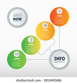 Diagram, infographic of technological or education process with four steps. Mind map. Business presentation concept with 4 options. Template of info chart with button "apply now".