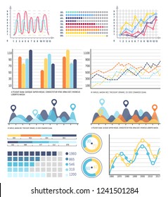 Diagram and infographics with segments and explanation vector. Scheme with design, presentation with visualized business concepts. Statistics design