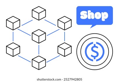 Diagram of interconnected cubes symbolizing a blockchain, a blue speech bubble with the word Shop and a circular money icon. Ideal for digital commerce, blockchain technology, online shopping