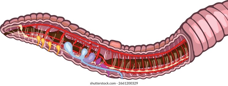 Diagrama da estrutura interna de uma minhoca (sistemas circulatório, digestivo, reprodutivo, nervoso) para lições de biologia	