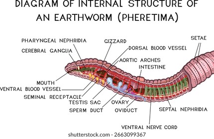 Diagrama da estrutura interna de uma minhoca (sistemas circulatório, digestivo, reprodutivo, nervoso, excretor) para lições de biologia
