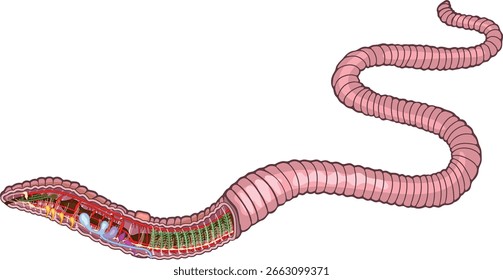 Diagrama da estrutura interna de uma minhoca (sistemas circulatório, digestivo, reprodutivo, nervoso, excretor) para lições de biologia
