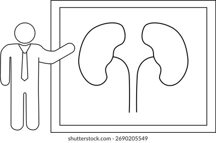 Diagram of kidneys shown on a presentation next to a man in a suit pointing