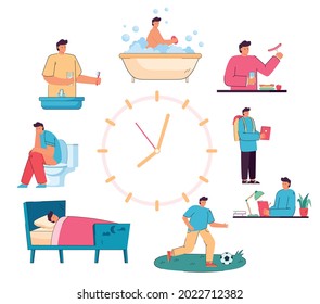 Diagram of kids daily routine by hour flat vector illustration. Cartoon child character washing, brushing teeth, eating, having breakfast, going to school and sleeping. Life schedule, planner concept