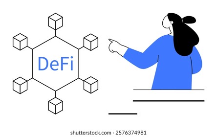 Diagram with labeled central block connected to others surrounding person pointing. Ideal for blockchain, finance, education, technology, and investment themes. Modern minimalist style