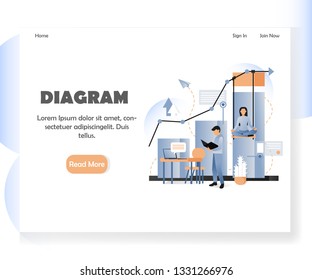 Diagram landing page template. Vector illustration of bar graph, businesswoman meditating in lotus position and businessman holding folder. Business concept for website and mobile site development.