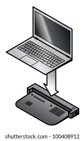 Diagram of laptop attaching onto a dock.