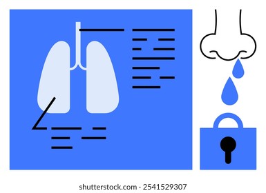 Diagrama de pulmões com texto, nariz com gotículas e uma fechadura em um fundo azul. Ideal para saúde respiratória, informações médicas, conscientização sobre alergia, prevenção de gripe e educação em saúde. Vetor