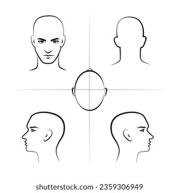 Diagram of man head for hairstylist. Manual for beauty salon, lesson, masterclass, barbershop. Man's face in front, profile, from above. Vector realistic line sketch illustration