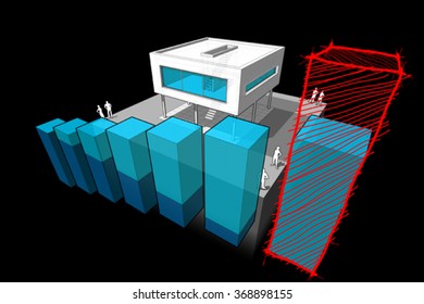 diagram of a modern house with rising abstract business diagram and hand drawn sketch over last diagram bar