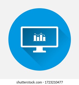 Diagram on monitor icon on blue background. Flat image with long shadow.