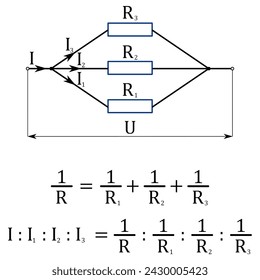 Diagrama de conexión paralela de tres resistencias, expresión del valor inverso de la resistencia resultante, relación de corrientes a relaciones inversas de resistencias