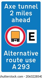 Diagrama (variante permitida) Restricción del túnel por delante para los vehículos que transportan mercancías peligrosas con indicación de ruta alternativa, señales de carretera en el Reino Unido