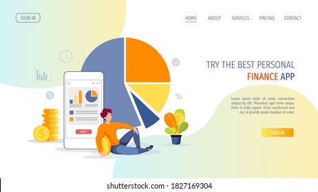 Diagram, phone, coins and sitting man. Profit, making money, finance app, business, investment analysis concept. Vector illustration for banner, poster, website.