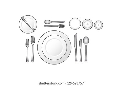 Diagram: Place setting for a formal dinner with soup and salad courses.