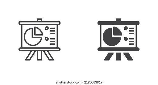 Diagram presentation icon. Whiteboard with pie chart line and glyph version, outline and filled vector sign. linear and full pictogram. Symbol, logo illustration. Different style icons set