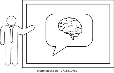 A diagram of a presenter pointing to a brain inside a speech bubble on a whiteboard