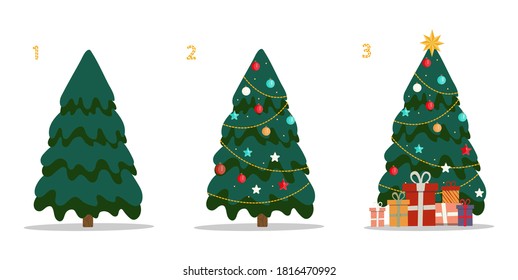 Diagram of the process of decorating a Christmas tree. Three versions of the image of a festive Christmas tree on a white background. Without toys, with toys, with toys and gifts. Vector graphics.