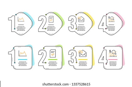 Diagram, Receive mail and Checked file icons simple set. Check investment sign. Growth graph, Incoming message, Correct document. Business report. Education set. Infographic timeline. Vector