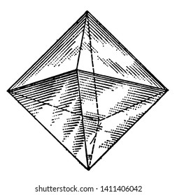 A diagram of a regular octahedron. It is a polyhedron with eight faces. It is the main form of the isometric system, vintage line drawing or engraving illustration.