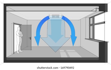 Diagram of a room cooled with air conditioner built in a suspended ceiling (another room diagram from the collection, all with the same point of view, easy to combine) 