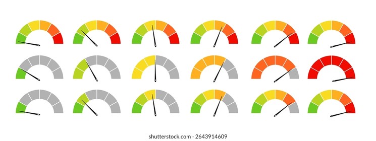 Diagram Scale Meter or Rating Meter. Speedometer, gauge meter icons. Vector scale, level. Speed dial indicator.