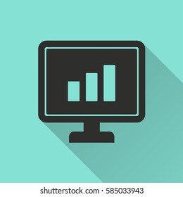 Diagram screen vector icon with long shadow. Black illustration isolated on green background for graphic and web design.