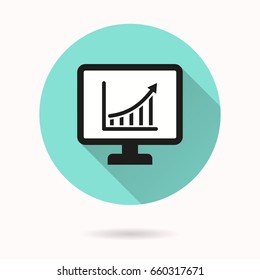 Diagram screen vector icon with long shadow. White illustration for graphic and web design. Circle buttons.