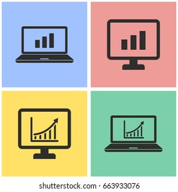 Diagram screen vector icon with long shadow. Black illustration isolated on color background for graphic and web design.