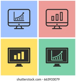 Diagram screen vector icon with long shadow. Black illustration isolated on color background for graphic and web design.