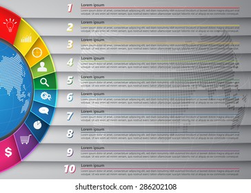 Diagram Semi-Circle With Multi-Color Background , 10 Options, Number,  Business Icon & Information Text Design On Globe Abstract Background, Vector Illustration