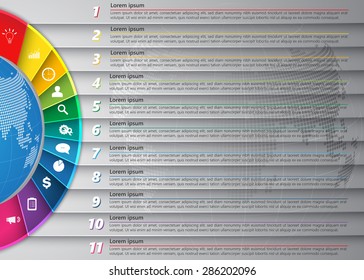 Diagram Semi-Circle With Multi-Color Background , 11 Options, Number,  Business Icon & Information Text Design On Globe Abstract Background, Vector Illustration
