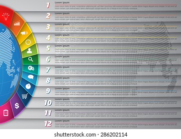 Diagram Semi-Circle With Multi-Color Background , 12 Options, Number,  Business Icon & Information Text Design On Globe Abstract Background, Vector Illustration